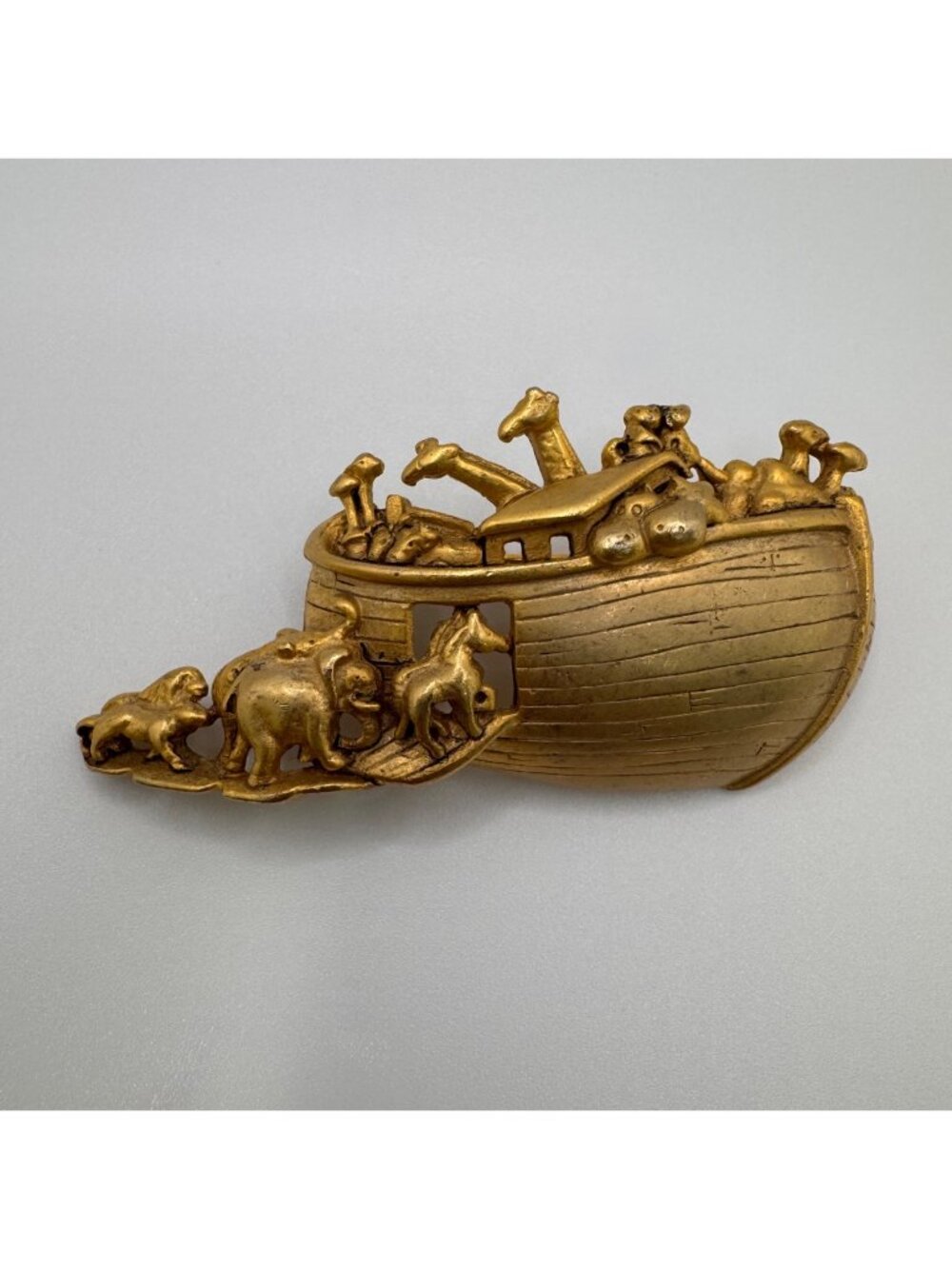AJC Noahs Ark Brooch Gold Tone Animal Figural Pin Vintage Signed Detailed